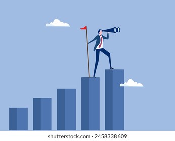 Vision to see next goal, motivation to success, forecast and business prediction, challenge to be better and achieve success concept, confidence businessman step on rise up graph look for next goal.