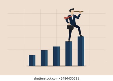 Vision to see next goal, motivation to success, challenge to achieve success concept, confidence businessman step on rise up graph look for next goal.