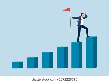 Vision to see next goal, motivation to success, forecast and business prediction, challenge to be better and achieve success concept. Businessman step on rise up graph look for next goal.