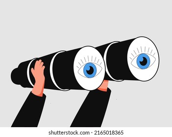 Vision to see opportunity, success opportunity or visionary. Hand is holds binoculars. Vision, research, observation, discovery and exploration icon concept. Thin line vector illustration on white.