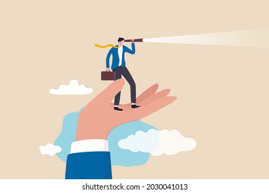 Vision To See Opportunity, Support Or Empowerment For Career Development, Success Opportunity Or Visionary To See Journey Ahead Concept, Businessman Stand On Support Hand Look Into Telescope Vision.