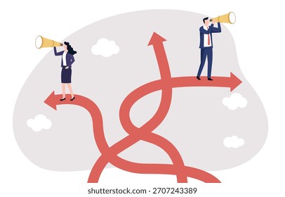 Visão para ver a direção do sucesso na incerteza, mudança ou liderança para tomar decisão, planejamento ou desafio de descoberta, busca de oportunidade, mulher de negócios olhando através de telescópios.