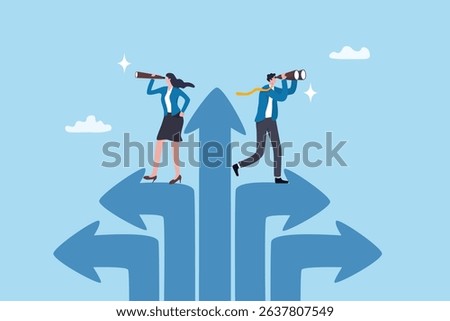 Vision to see success direction in uncertainty, change or leadership to make decision, planning or discovery challenge, search for opportunity, businessman woman look through telescope and spyglass.