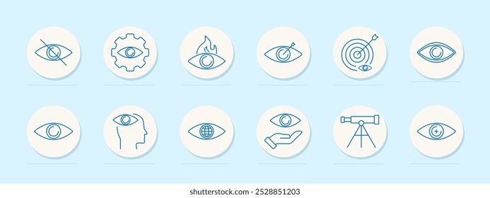 Icono de conjunto de visión. Ojo tachado, engranaje, llamas, objetivo, flecha, objetivo, cabeza, globo ocular, mano, telescopio con ojo, aumento.
