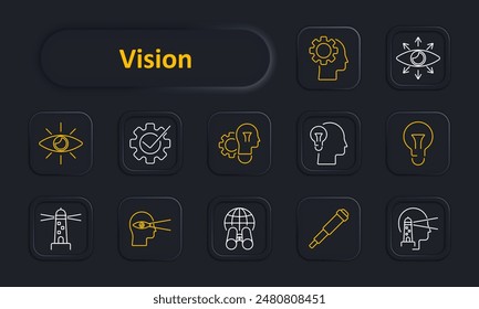 Vision Set-Symbol. Auge, Ausrüstung, Gehirn, Glühbirne, Leuchtturm, Fernglas, Teleskop, Innovation, Idee, Weitblick, Fokus, globale Vision. Einsicht, Intelligenz, Wahrnehmung, Kreativität, Planungskonzept.