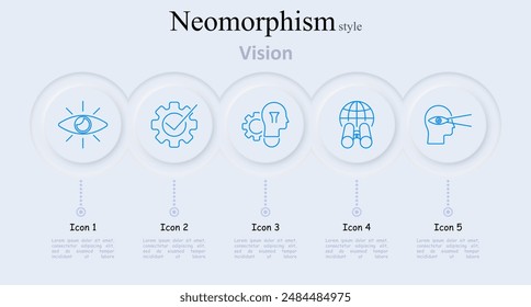 Vision Set-Symbol. Auge, Zahnrad mit Häkchen, Glühbirne mit Zahnrädern, Kugel mit Fernglas, Kopf mit Sichtlinien, Sehen, Ideenfindung, Innovation, globale Vision, Einsicht