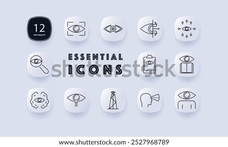 Vision set icon. Eye icons, magnifying glass, clipboard with eye, focus, observation tower, surveillance, human head with vision, digital vision, research