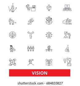 Vision, sight, mission, plan, eye, visionary, future,strategy,dream,value,idea line icons. Editable strokes 