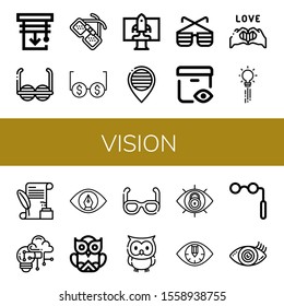 vision simple icons set. Contains such icons as Blinds, Sunglasses, Glasses, Startup, Pride, View, Creativity, Letter, Owl, Eye, Binoculars, can be used for web, mobile and logo