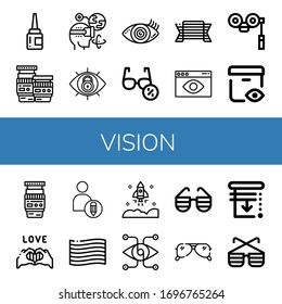 vision simple icons set. Contains such icons as Eye drops, Lens, Augmented reality, View, Vision, Sunglasses, Pride, Visual, Binoculars, Creative, can be used for web, mobile and logo