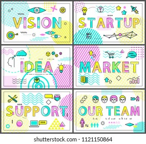 Vision startup and support idea market our team business posters collection with icons set, employees working on problem solving, vector illustration