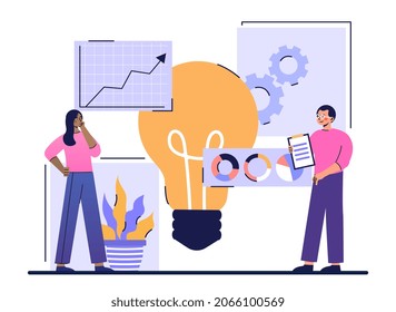 Vision statement concept. Man and woman analyze company statistics and predict business development in future. Employees come up with new ideas for growth of startup. Cartoon flat vector illustration