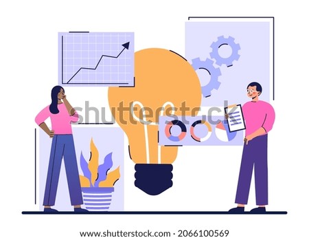 Vision statement concept. Man and woman analyze company statistics and predict business development in future. Employees come up with new ideas for growth of startup. Cartoon flat vector illustration