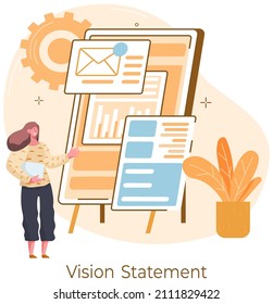 Vision statement landing page template, business and company mission, company planning concept. Woman manager reporting statistics, sales management data, business research with board with main plan