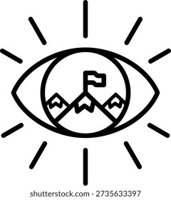 Vision strategy icon featuring an eye with mountains and a flag representing long term planning leadership insight and business direction.