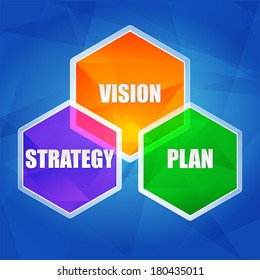 vision, strategy, plan - business growth concept words in color hexagons over blue background, flat design, vector