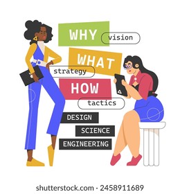 Vision, strategy and tactical thinking. Concept illustration with characters. Female colleagues work together to solve a problem. Design, science, engineering. Vector flat.