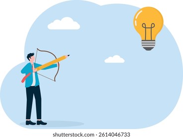 Vision success of business goals and plan ideas. Confidence and skills to achieve various ambitious plans: Businessman aiming arrow or pencil at target.


