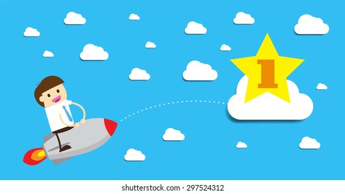 Vision Success. businessman using binoculars , vector. Business and finance vision concept. finish, goal, target, victory, win, winner, young. sky. number one star
