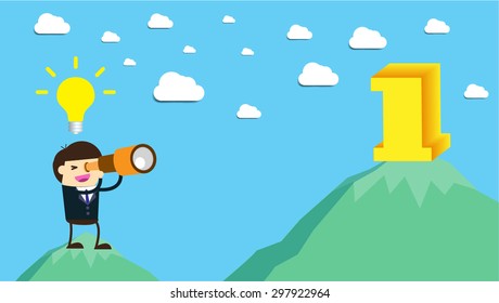 Vision Success. businessman using binoculars , vector. Business and finance vision concept. finish, goal, target, victory, win, winner, young. sky. number one