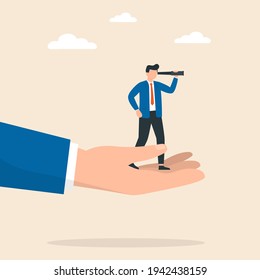 Vision to success or career development concept. Businessman using a telescope on big hand. Planning and strategy business. Vector illustration