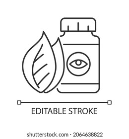 Vision supplements linear icon. Macular degeneration and cataracts prevention. Thin line customizable illustration. Contour symbol. Vector isolated outline drawing. Editable stroke