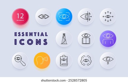 Vision and surveillance set icon. Eye symbol, biometric scan, AI vision, surveillance tower, eye in book, human vision, magnifying glass, alert, clipboard review, and vision in thought cloud