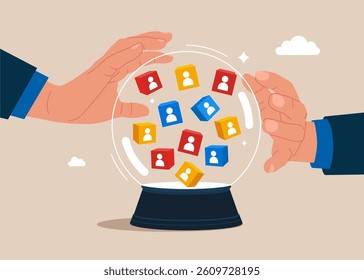 The vision the team. Crystal magic ball with a employees out of cubes. Employee recruitment. Modern vector illustration in flat style 