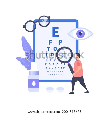Vision test concept. Cartoon character with magnifying glass on Snellen table background. Flat vector illustration.