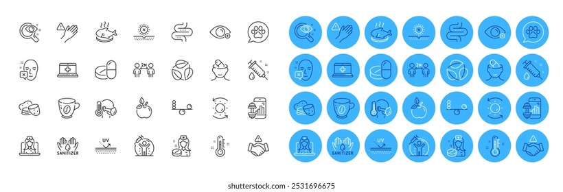 Vision test, Depression treatment and No sun line icons pack. Farsightedness, Potato, Medical drugs web icon. Thermometer, Sick man, Medical help pictogram. Telemedicine, Dont handshake. Vector