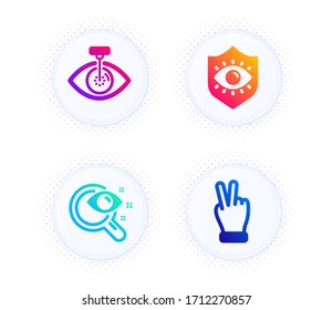 Prueba de visión, Protección de ojos e Iconos láser de ojos simple conjunto. Botón con puntos de tono medio. Señal de la mano de la victoria. Revisión de la vista, Optometría, Clínica de Optometría. Palmita de gesto. La gente se puso. Vector