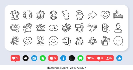 Vision test, Fraud and Work home line icons pack. Social media: share, comment, like icons. Food delivery, Global business, Skin care web icon. Smile face, Alarm clock, Sleep pictogram. Vector