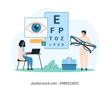 Sehtest für Brillenrezeption, Augenpflege, Optometrie und ophthalmologische Untersuchung. Winzige Menschen mit Brille und Krankenakte testen Augen Gesundheit für Korrektur Cartoon Vektorillustration