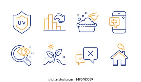 Vision test, Grow plant and Hand washing line icons set. Uv protection, Decreasing graph and Medical phone signs. Reject, Home symbols. Eyesight check, Leaves. Business set. Vector