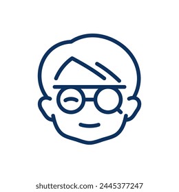 Vision Test Icon. Simple Line Illustration of a Boy's Face with Glasses, Symbolizing Eye Examination and Optical Health Awareness for Children.