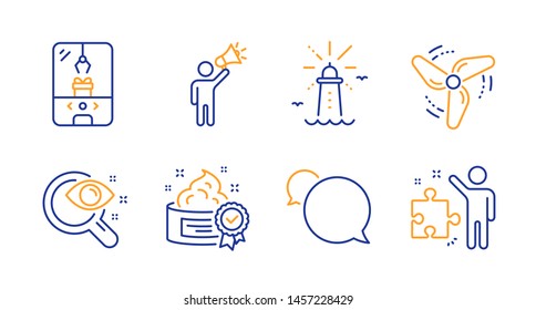 Vision test, Lighthouse and Brand ambassador line icons set. Cream, Crane claw machine and Messenger signs. Wind energy, Strategy symbols. Eyesight check, Navigation beacon. Vector