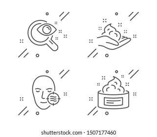 Vision test, Problem skin and Skin care line icons set. Eyesight check, Facial care, Hand cream. Medical cosmetic. Medical set. Line vision test outline icon. Vector