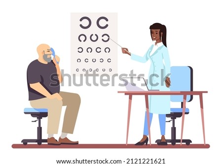Vision test semi flat RGB color vector illustration. Visiting ophthalmologist for regular eye exam isolated cartoon characters on white background