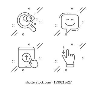 Vision test, Swipe up and Smile face line icons set. Touchscreen gesture sign. Eyesight check, Scrolling screen, Chat. Slide down. People set. Line vision test outline icon. Vector