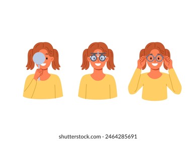 Vision testing and choice of glasses in ophthalmic clinic for little girl experiencing eye problems. Selection of glasses and right lenses for vision correction for preschool child