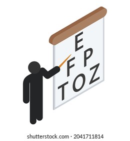 Vision testing icon isometric vector. Snellen chart, man icon with pointer stick. Checking vision, ophthalmology concept