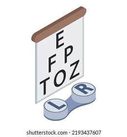 Vision testing icon isometric vector. Snellen chart and contact lens container. Checking vision, ophthalmology concept, contact lenses, ophthalmic accessory