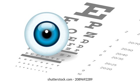 Terapia de visión, ojo humano con iris azul, primer plano, contra el fondo de texto oftálmico, gráfico de ojos. Ilustración del vector