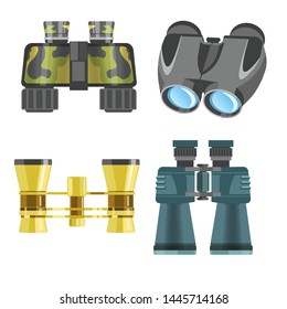 Vision tools or devices with zoom binoculars vector military or hunting equipment to see on long distance or spying glass lenses view watching or following mechanical gadgets isolated objects.