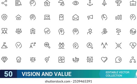 Vision And Value icon collection. Related to business, strategy, future, goals, ethics, direction, clarity, success, and more. Editable stroke. Vector illustration.