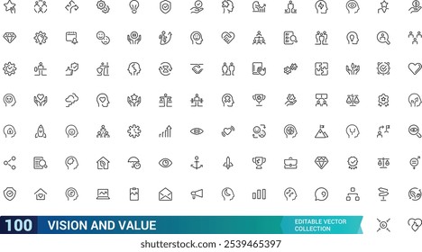 Colección de iconos de Visión y valor. Relacionado con los negocios, la estrategia, el futuro, los objetivos, la ética, la dirección, la claridad, el éxito y más. Trazo editable. Ilustración vectorial.