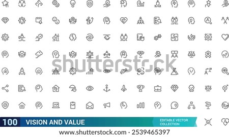 Vision And Value icon collection. Related to business, strategy, future, goals, ethics, direction, clarity, success, and more. Editable stroke. Vector illustration.