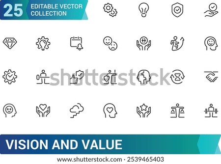 Vision And Value icon collection. Related to business, strategy, future, goals, ethics, direction, clarity, success, and more. Editable stroke. Vector illustration.