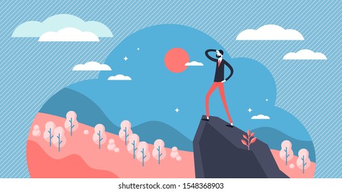 Vision vector illustration. Flat tiny business direction knowledge persons concept. Smart and wise leader with company strategy visualization, solution and inspiration sight. Professional path target.