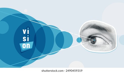 Vision vector illustration. Womans halftone eye looks to the side, view in the form of intersecting circles, text sign. Business sight background. Visual goal concept.